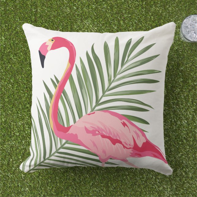 Coussin Flamant rose rose tropical et Feuilles de palmiers (Herbe)