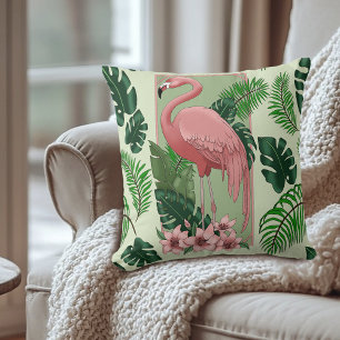 Coussin Flamant Rose Tropical Feuilles de Palmier Verts Ly