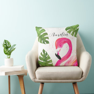 Coussin Flamant rose tropical Palmier rose Feuille Oiseau