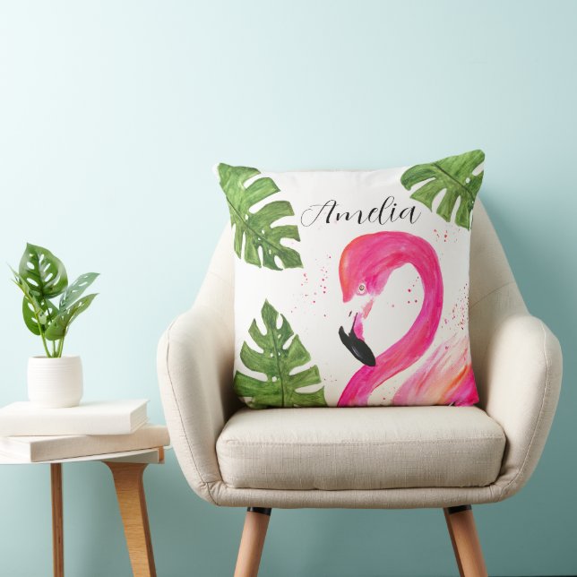 Coussin Flamant rose tropical Palmier rose Feuille Oiseau  (Chaise)