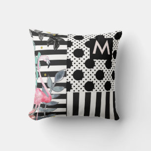 Coussin Flamants roses à pois noir et blanc amusant