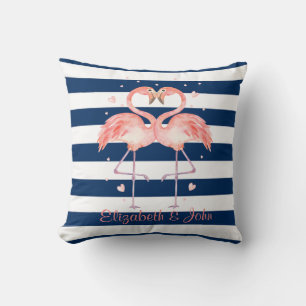 Coussin Flamants roses amoureux, Rayures bleu marine