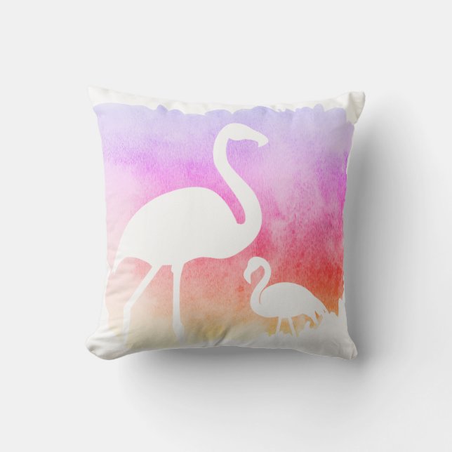 Coussin Flamants roses blancs à l'aquarelle coucher de sol (Recto)
