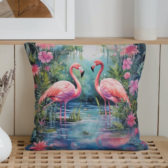Coussin Flamants roses d'été aquarelle (Créateur téléchargé)