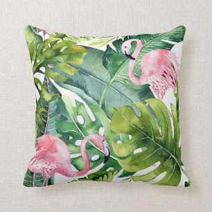 Coussin Flamants roses et feuilles de palmiers tropicaux