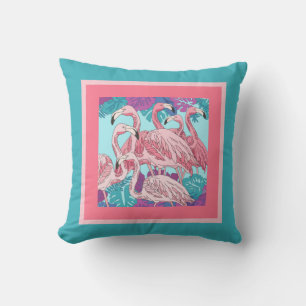 Coussin Flamants roses mignons sur rose & menthe