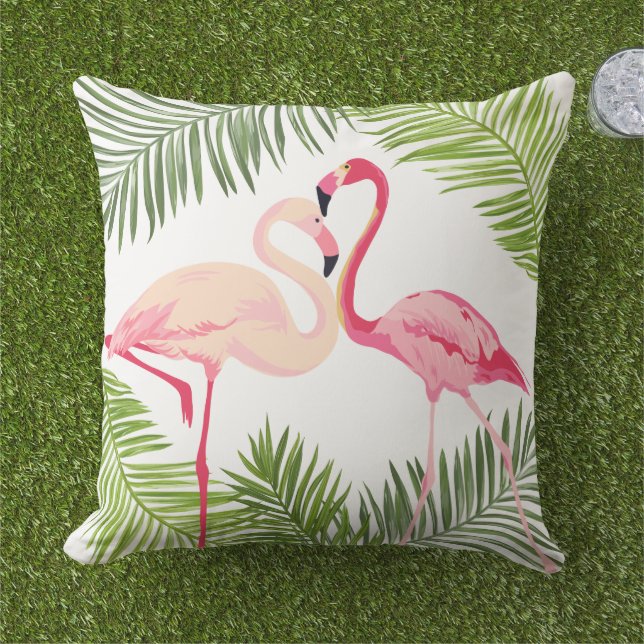 Coussin Flamants roses roses avec Feuilles Palm (Herbe)