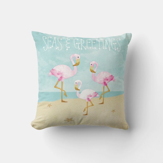 Coussin Flamants roses roses d'aquarelle sur la plage (Recto)