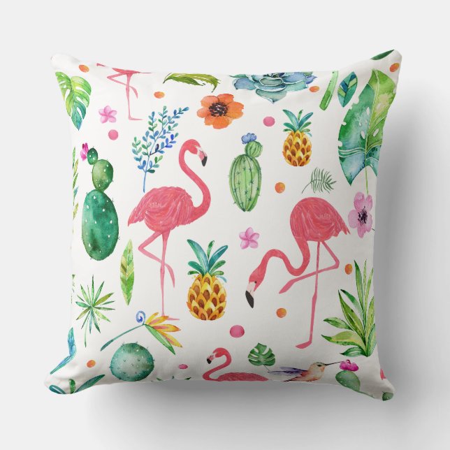 Coussin Flamants roses roses et Motif de cactus tropicaux (Recto)