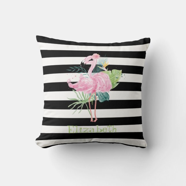 Coussin Flamants roses roses, Tropical Feuille Black Strip (Recto)