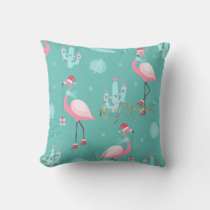 Coussin Flamants roses Santa Hat présente des flocons de n