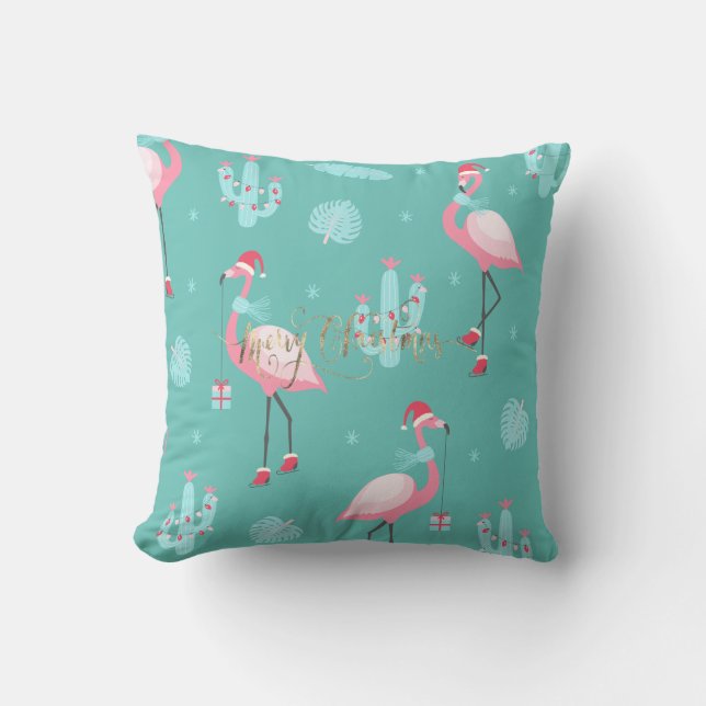 Coussin Flamants roses Santa Hat présente des flocons de n (Recto)