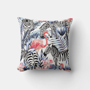 Coussin Flamingo rose exotique, zèbre sur l'été arrière - 