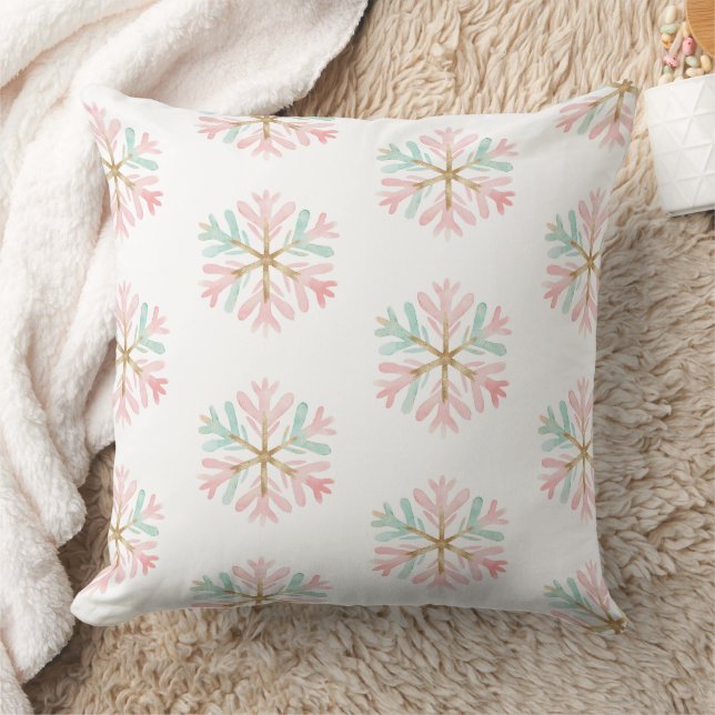 Coussin Flammes de neige rose de Noël sur blanc (Couverture)