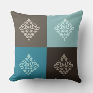 Coussin Flèche Damask Pattern Carrés Teals Browns White