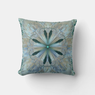 Coussin Fleur Abstraite Fractée Turquoise Blanc Bleu Gris