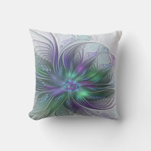 Coussin Fleur Abstraite Moderne Fractale Verte Violette