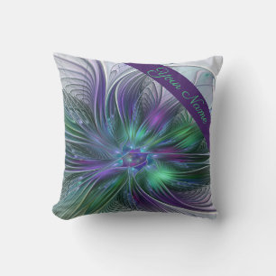 Coussin Fleur Abstraite Moderne Fractale Violet Vert Nom