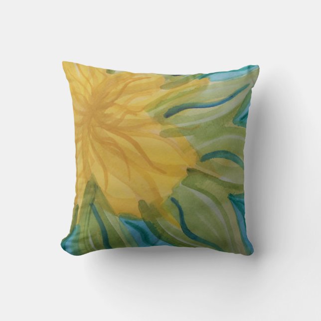 Coussin Fleur abstraite vive de jaune d'aquarelle (Recto)