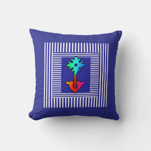Coussin Fleur Arc-en-ciel à rayures bleues et blanches au