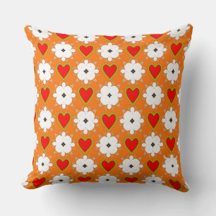 Coussin Fleur blanche et coeur rouge sur orange foncé