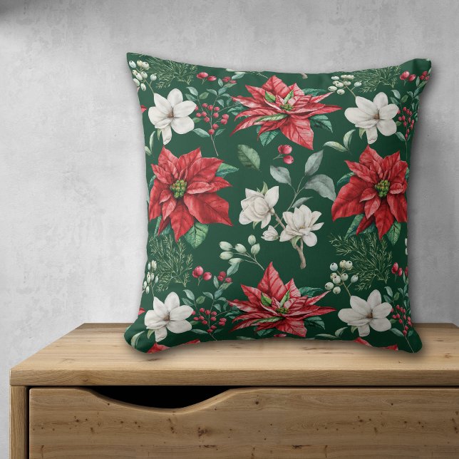 Coussin Fleur blanche Rouge Poinsettia Motif de Noël (Créateur téléchargé)