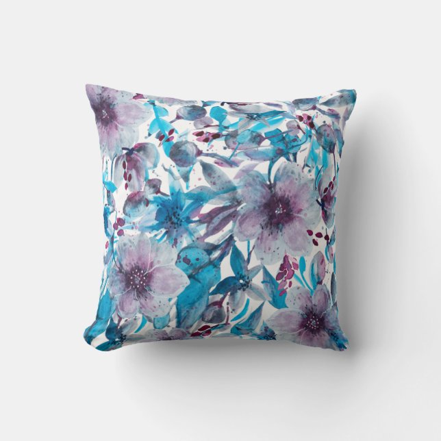 Coussin Fleur Blu violet et bleu aquarelle Floral (Recto)