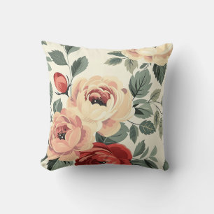 Coussin Fleur chic romantique botanique crème rouge vintag