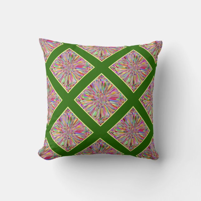 Coussin Fleur Confetti été en vert et jaune plaid (Recto)