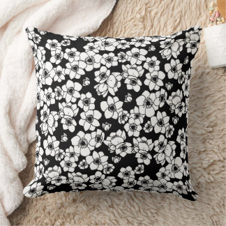 Coussin Fleur d'anémone noir et blanc