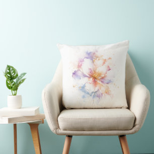 Coussin Fleur d'aquarelle pastel avec accents dorés Art