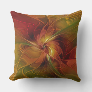 Coussin Fleur d'art fractal abstrait rouge orange marron v