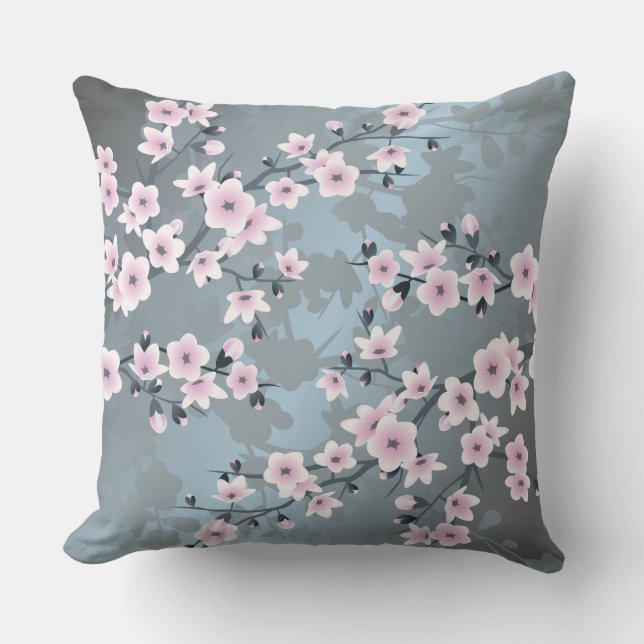 Coussin Fleur de cerisier bleu rose gris rose (Recto)