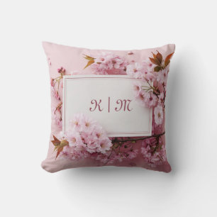 Coussin Fleur de cerisier rose romantique et feuille de br