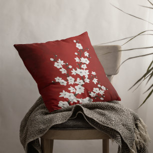 Coussin Fleur de Cerisier Rouge et Blanc Floral Oriental
