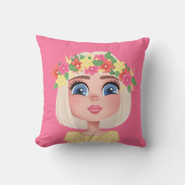 Coussin Fleur de dessin fille sur rose (Recto)