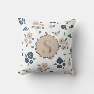 Coussin Fleur de ferme en bleu marron rustique de monogram