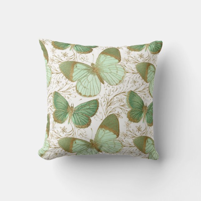 Coussin Fleur de fleurs florales blanches du papillon vert (Recto)