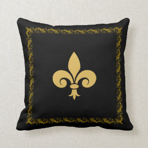 Coussin Fleur de Lis dorée avec cadre floral sur fond noir