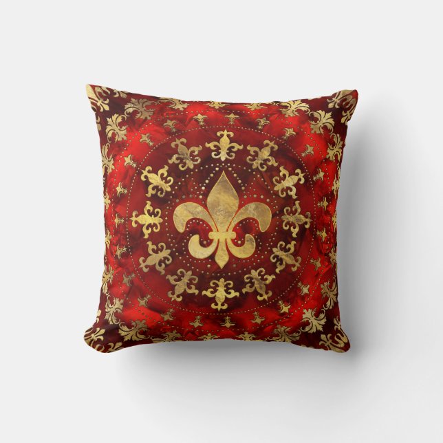 Coussin Fleur de lis ornement Marbre rouge et or (Recto)