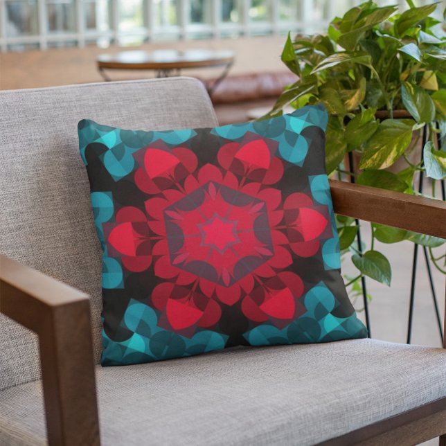 Coussin Fleur de Mandala rouge et bleu (Créateur téléchargé)
