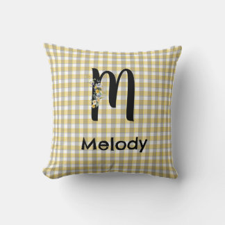 Coussin Fleur de monogramme gingham jaune gris motif