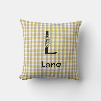 Coussin Fleur de monogramme motif gingham jaune gris