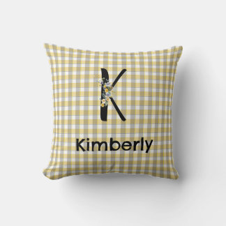 Coussin Fleur de monogramme motif gingham jaune gris