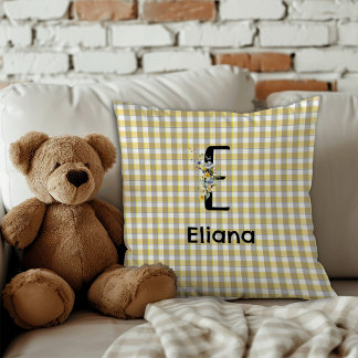 Coussin Fleur de monogramme rétro gingham bleu gris