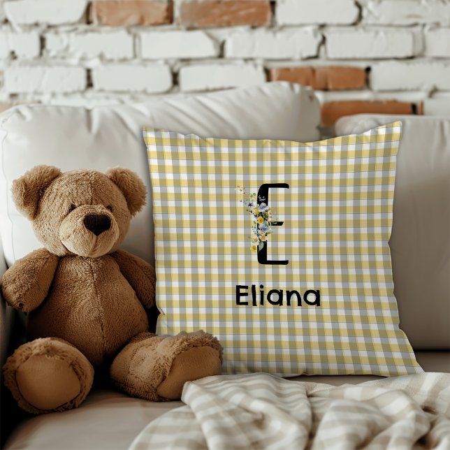 Coussin Fleur de monogramme rétro gingham bleu gris  (Créateur téléchargé)