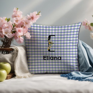 Coussin Fleur de monogramme rétro gingham bleu vert