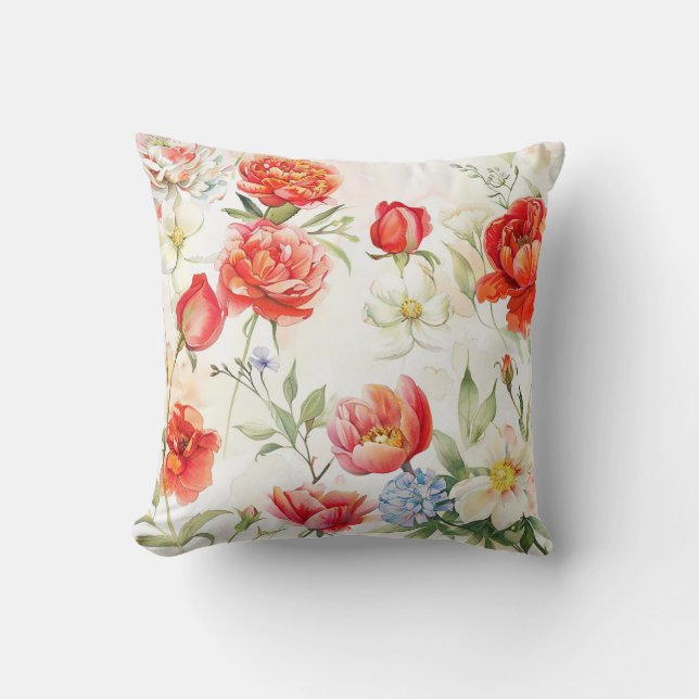 Coussin Fleur de pivoine de corail, fleur de chamomille bl (Recto)