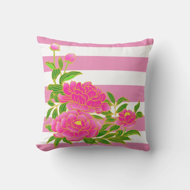 Coussin Fleur de pivoine rose sur Arrière - plan rayé été (Recto)