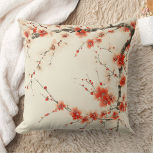 Coussin Fleur de prunier rouge aquarelle - Art floral orie